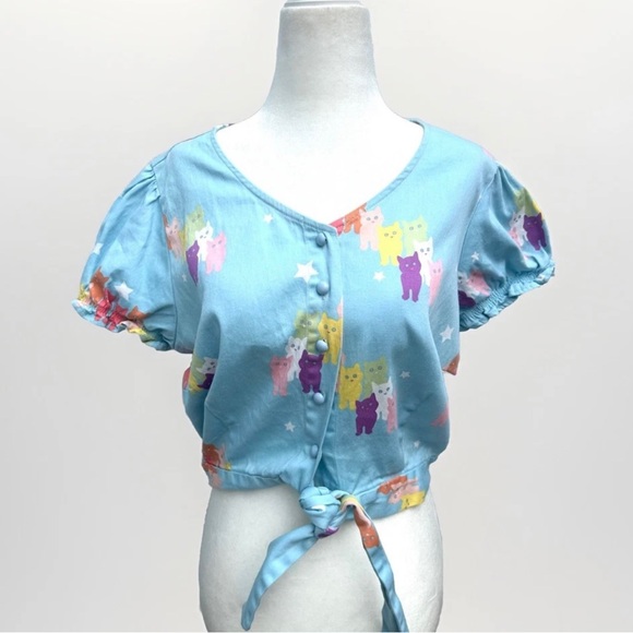 Modcloth Tops - ModCloth X Collectif Cat Top Women L 10 Blue Multi Tie Button Front Puff Sleeves